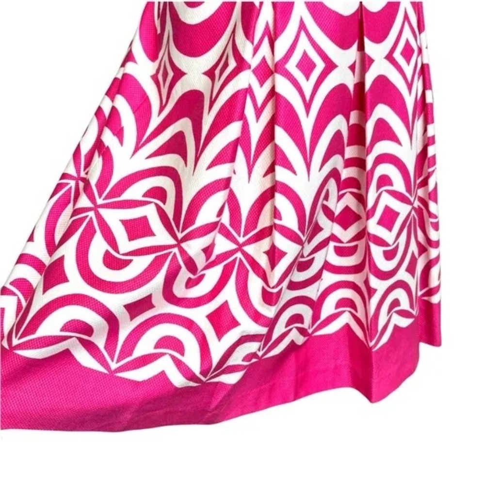 TALBOTS Geo Scallop Cap Sleeve Fit & Flare Pleated Dress Pink/White 6 - Picture 4 of 14